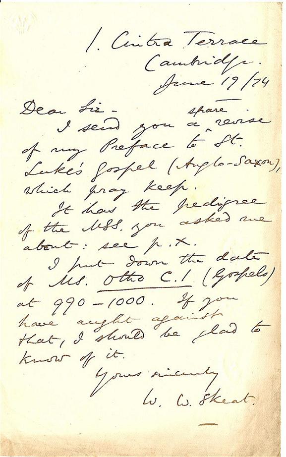 Letter from Walter William Skeat