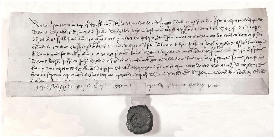 Thomas Jacob was a witness to this deed relating to land in the parish of Cheriton, dated 1507. British Library: Additional Charter 68318.