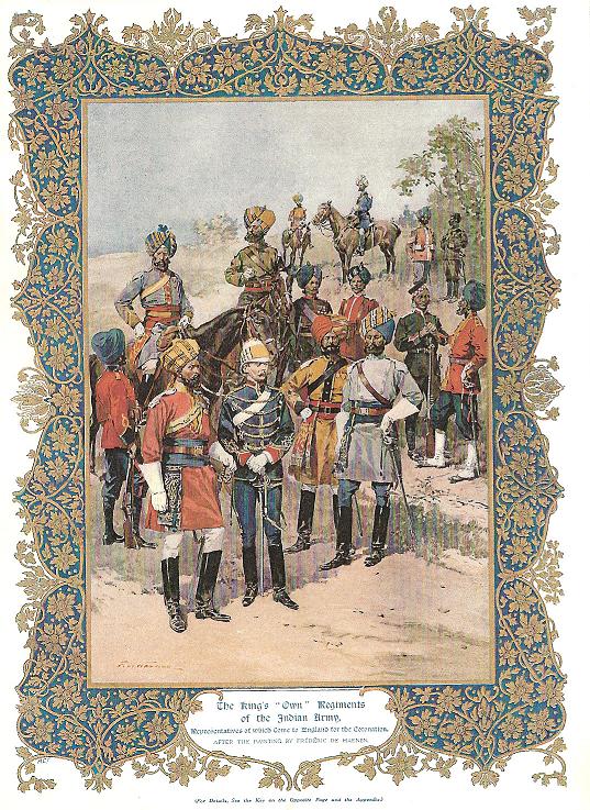 To the right of the second horseman in from the left. After a painting by Frederic de Haenen. Soldiers who came for the cotronation of King Edward VII.