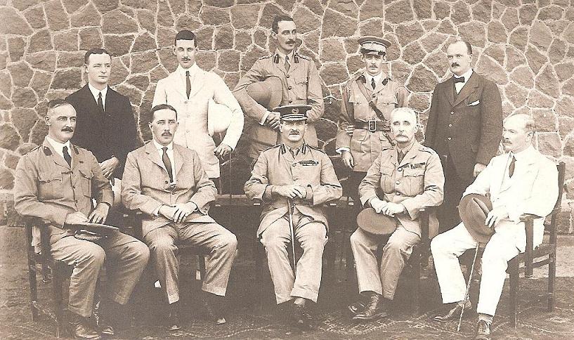 From left to right, front row: MajorBradshaw GSO, Harold, Sir George Younghusband, Colonel Wanhope RE, Lt-Col W Beale. Back row: Mr  Thulsom, Major Morse, Capt Guter ADC, Capt Reilly.